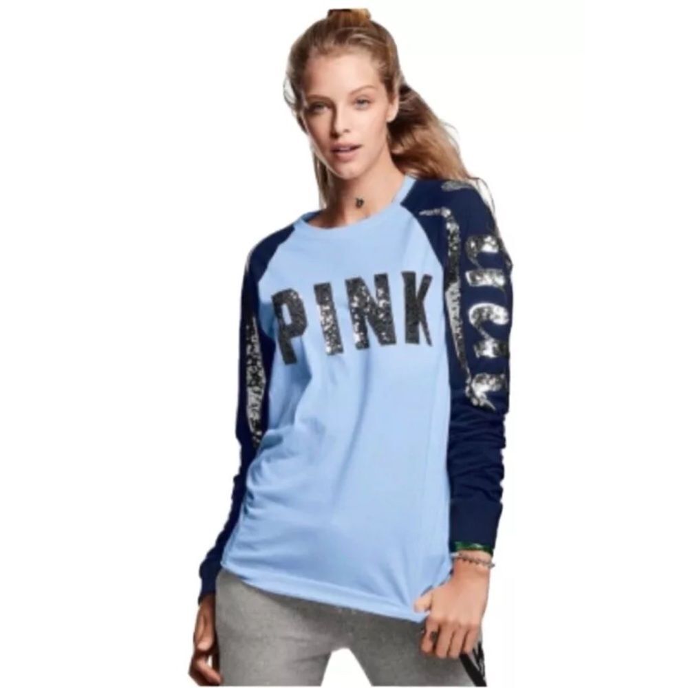 Victoria's Secret PINK Sequin Blin Long Sleeve Shirt Blue XS